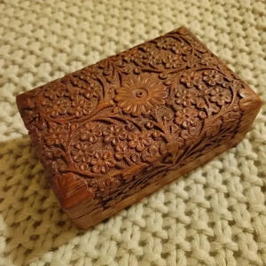 Vintage Handmade Wooden Floral Carving Jewelry Trinket Box India Wood